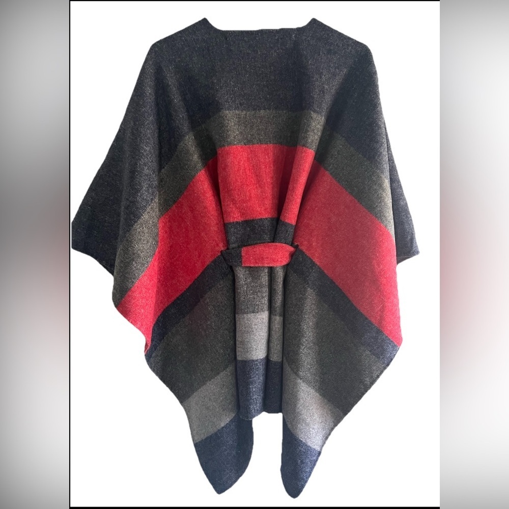 Gap S / M Belt Poncho Jacket Wool blend Red Blue Gray belted - Picture 2 of 6